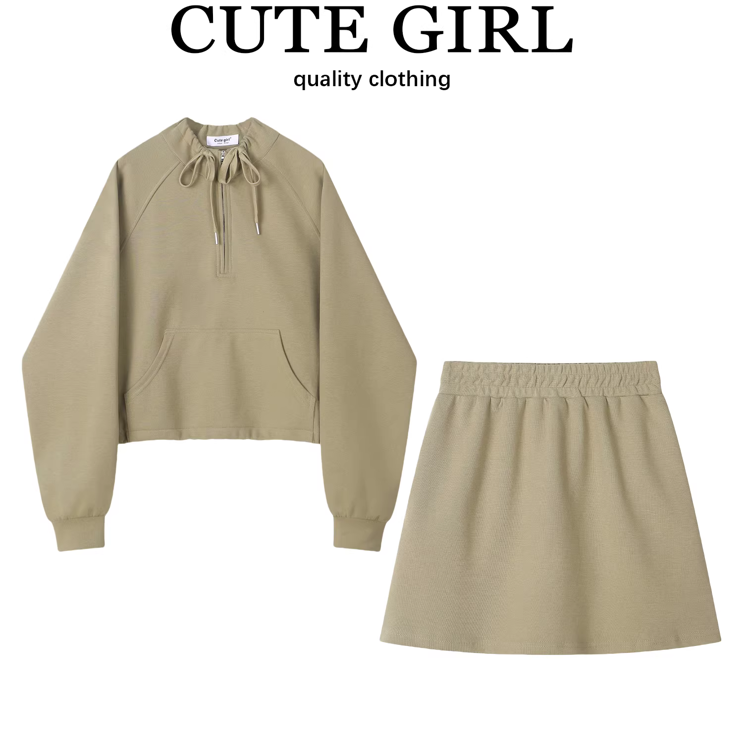 Áo len màu trơn thiết kế thích hợp cho nữ, váy chữ A cạp cao mùa thu, bộ hai mảnh giản dị và thời trang