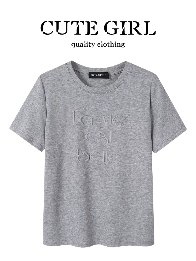 Áo thun ngắn tay màu xám thêu chữ thiết kế độc đáo của CuteGirl dành cho nữ trong mùa hè áo cổ tròn dáng rộng giản dị
