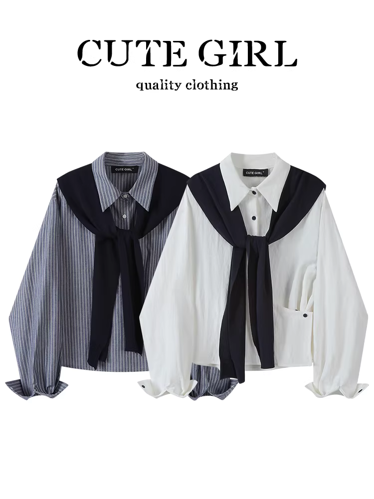 Áo sơ mi dài tay màu trắng phong cách preppy của CuteGirl có khăn choàng dành cho nữ, thiết kế mùa thu, dáng rộng và đa năng, áo giảm tuổi tác
