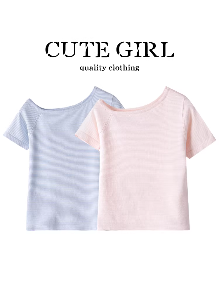 Áo thun dệt kim ngắn tay sọc hồng giảm tuổi theo phong cách Hàn Quốc dành cho nữ, áo trễ vai ngọt ngào mùa hè