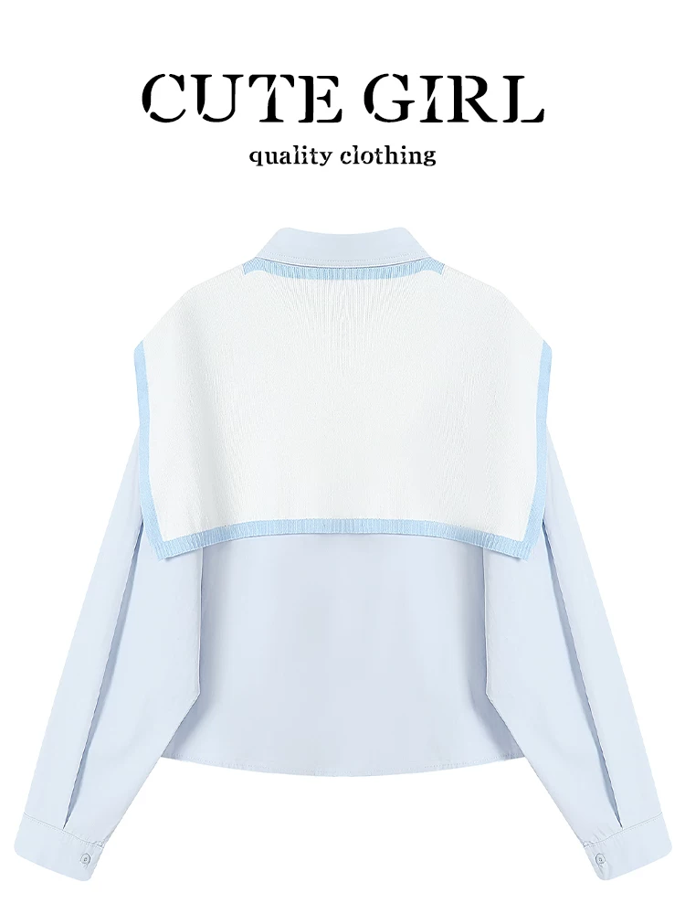 Bộ đồ hai mảnh kiểu preppy màu sắc tương phản của CuteGirl áo sơ mi màu xanh lam dành cho nữ Bộ đồ hai mảnh thời trang và trẻ hóa tuổi tác đầu xuân