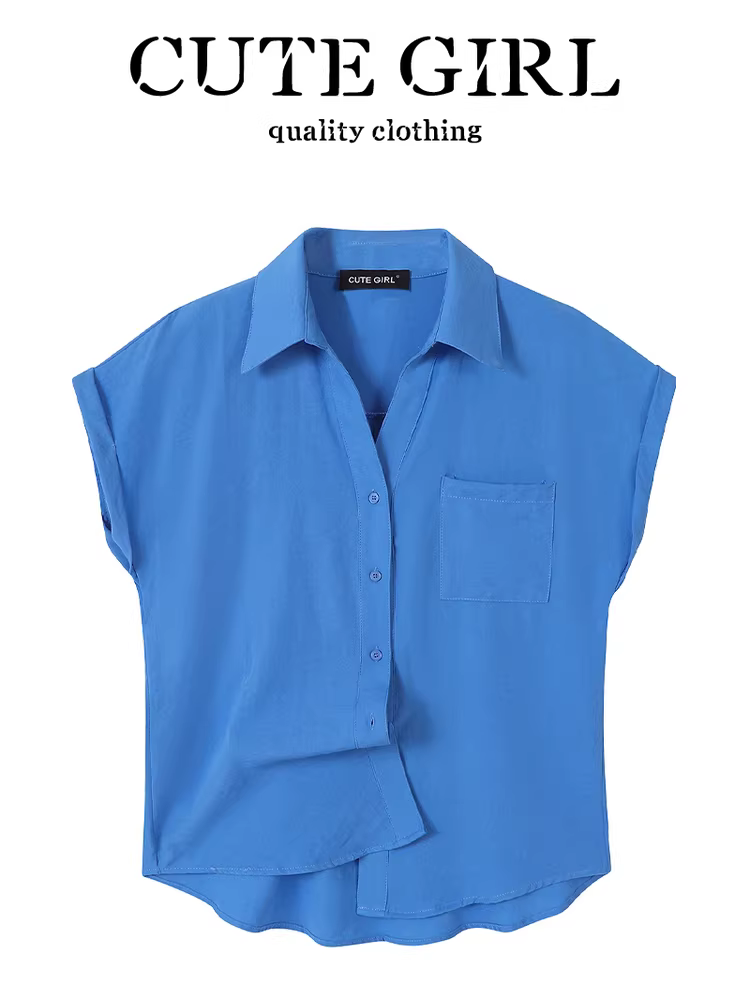 Áo sơ mi màu xanh đơn giản phong cách Hàn Quốc có tay bồng nhỏ dành cho nữ, hợp thời trang mùa hè, giảm tuổi tác, áo đi làm đa năng