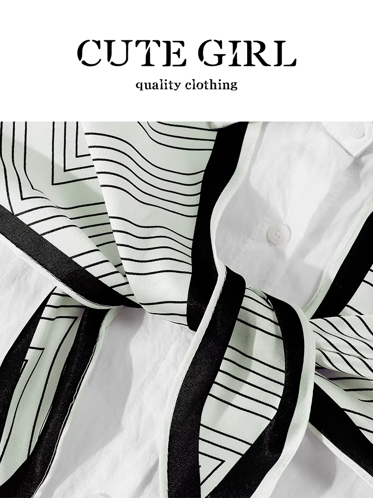 Áo sơ mi dài tay cổ trắng phong cách Pháp có khăn choàng cổ dành cho nữ, áo dáng rộng và đa năng cho mùa thu sớm