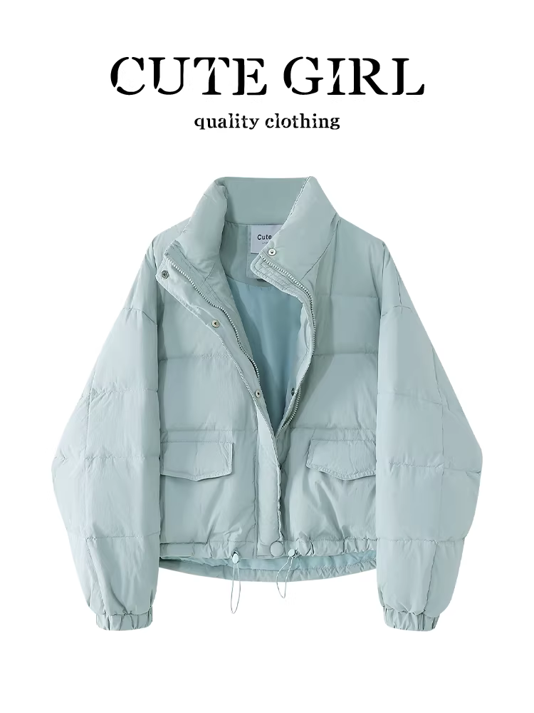 Áo khoác ngắn cổ đứng màu xanh lá cây phong cách Hàn Quốc của CuteGirl dành cho nữ, mùa thu đông, áo khoác cotton nhỏ nhắn, rộng rãi, giản dị, đa năng.