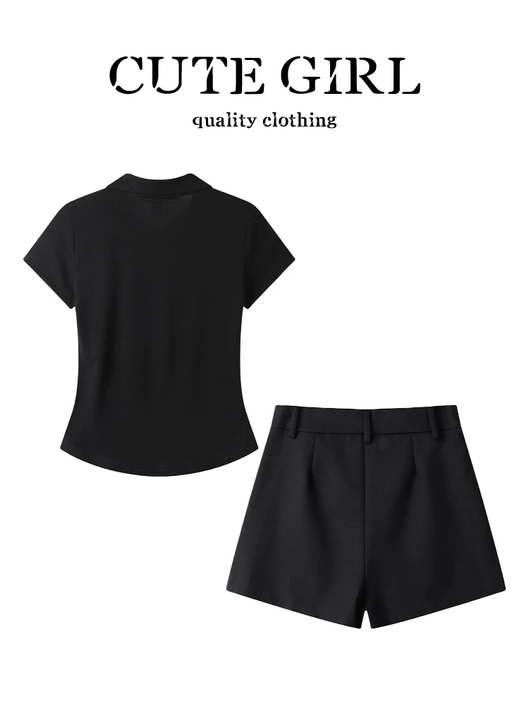 Bộ đồ cao cấp và sành điệu của CuteGirl dành cho nữ, áo thun ngắn tay cổ polo màu đen mùa hè và váy hai mảnh