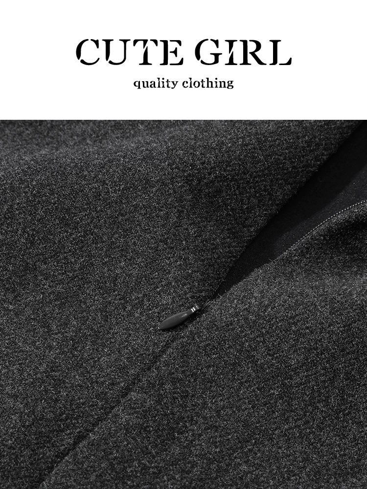 Váy len chấm bi màu xám cao cấp CuteGirl dành cho nữ, váy midi chữ A đa năng, cạp cao, kiểu dáng cổ điển mùa đông