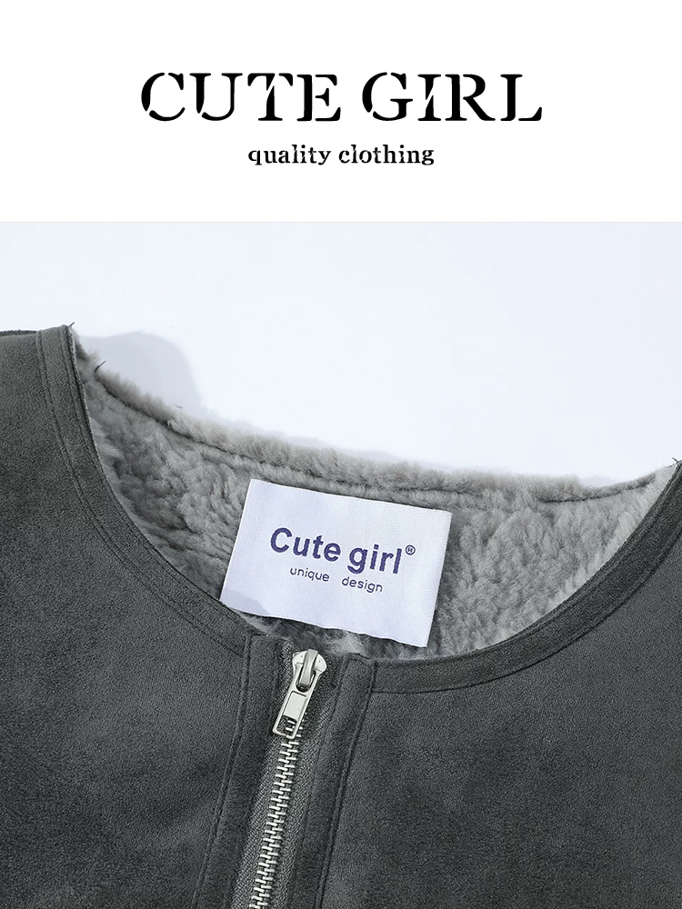 Áo khoác da lộn len cừu màu xám cao cấp CuteGirl dành cho nữ, mùa thu đông, áo khoác dày dặn, thanh lịch, rộng rãi, đa năng