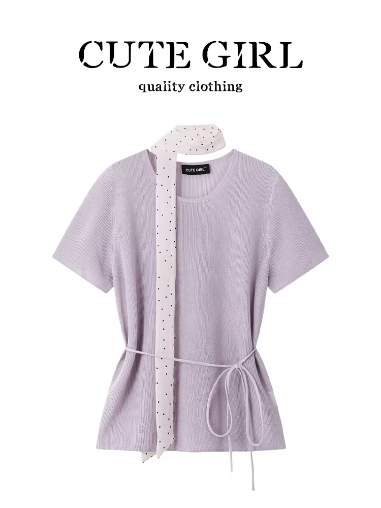 Áo thun ngắn tay dệt kim có dây buộc eo phong cách đồng quê màu tím dễ thương dành cho nữ, áo thun ngắn tay ôm eo nhẹ nhàng và trẻ trung mùa hè