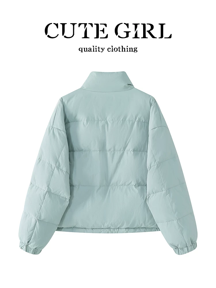 Áo khoác ngắn cổ đứng màu xanh lá cây phong cách Hàn Quốc của CuteGirl dành cho nữ, mùa thu đông, áo khoác cotton nhỏ nhắn, rộng rãi, giản dị, đa năng.