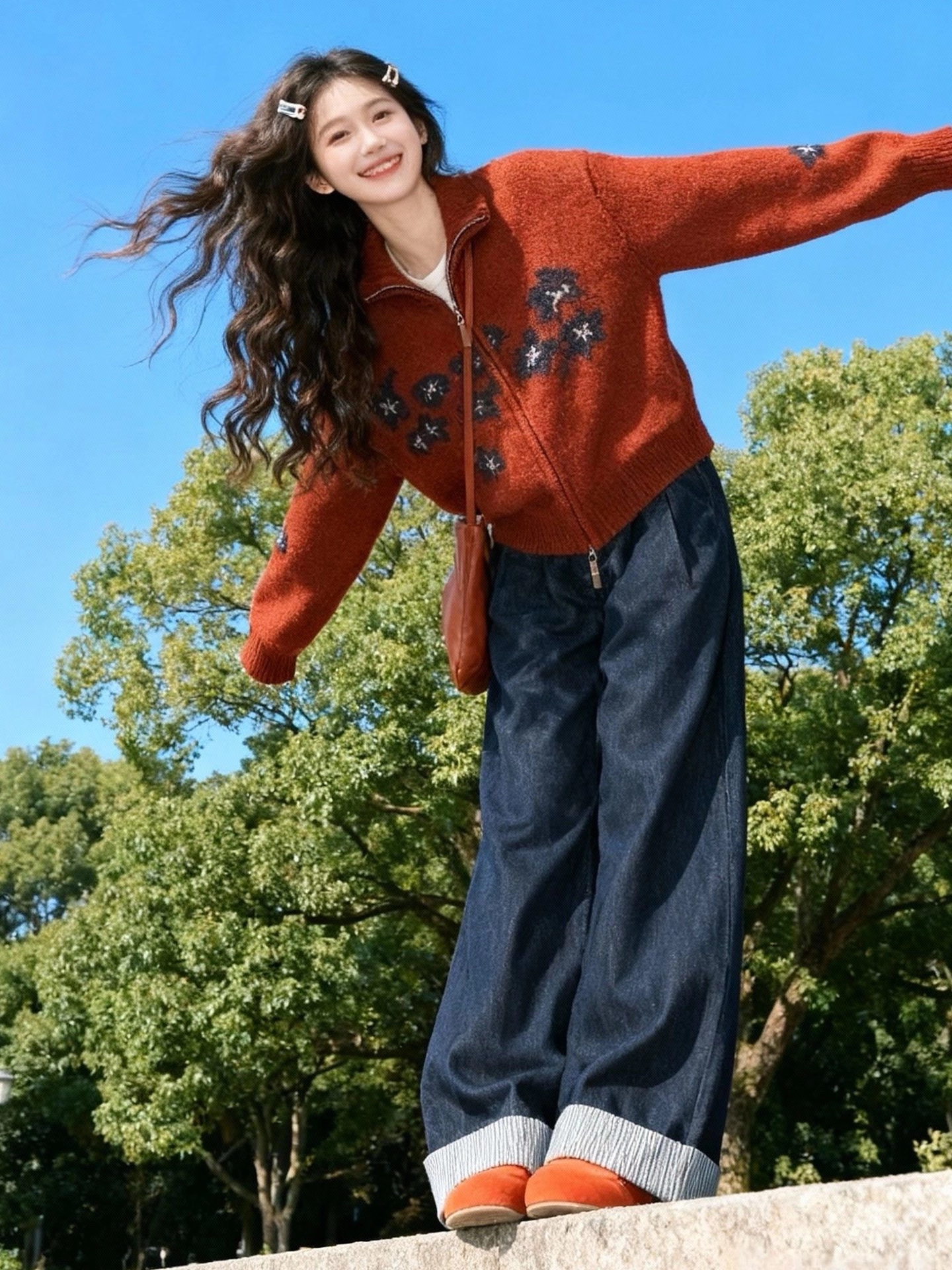 Áo len jacquard Fair Isle màu đỏ cổ điển của CuteGirl dành cho nữ, phong cách mùa đông, dáng rộng, giản dị, đa năng và độc đáo