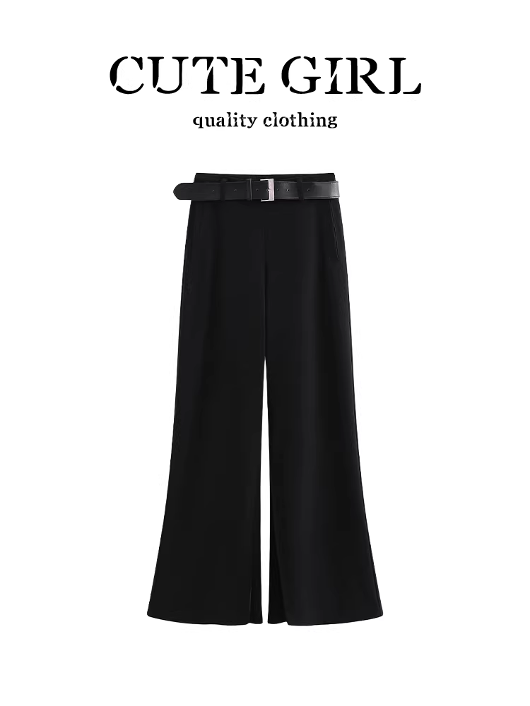 Quần âu dáng rộng màu đen cổ điển kiểu Hàn Quốc của CuteGirl dành cho nữ, quần ống rộng đa năng để đi làm vào mùa thu