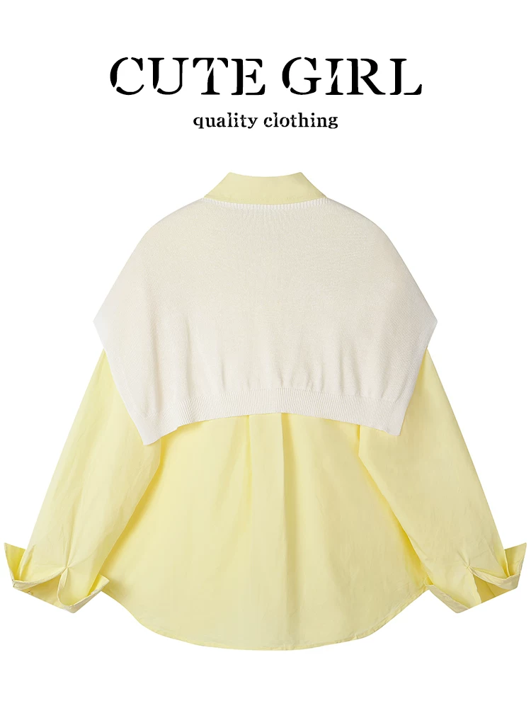 CuteGirl kiểu Pháp đơn giản màu vàng cổ polo khăn choàng dài tay áo sơ mi nữ mùa xuân áo khoác thường ngày áo cardigan