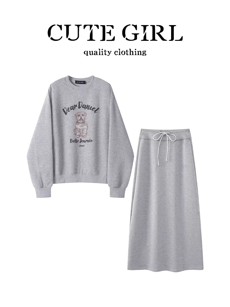 Bộ trang phục hoàn chỉnh của CuteGirl dành cho nữ mùa thu: áo len in họa tiết màu xám và chân váy dệt kim hai mảnh