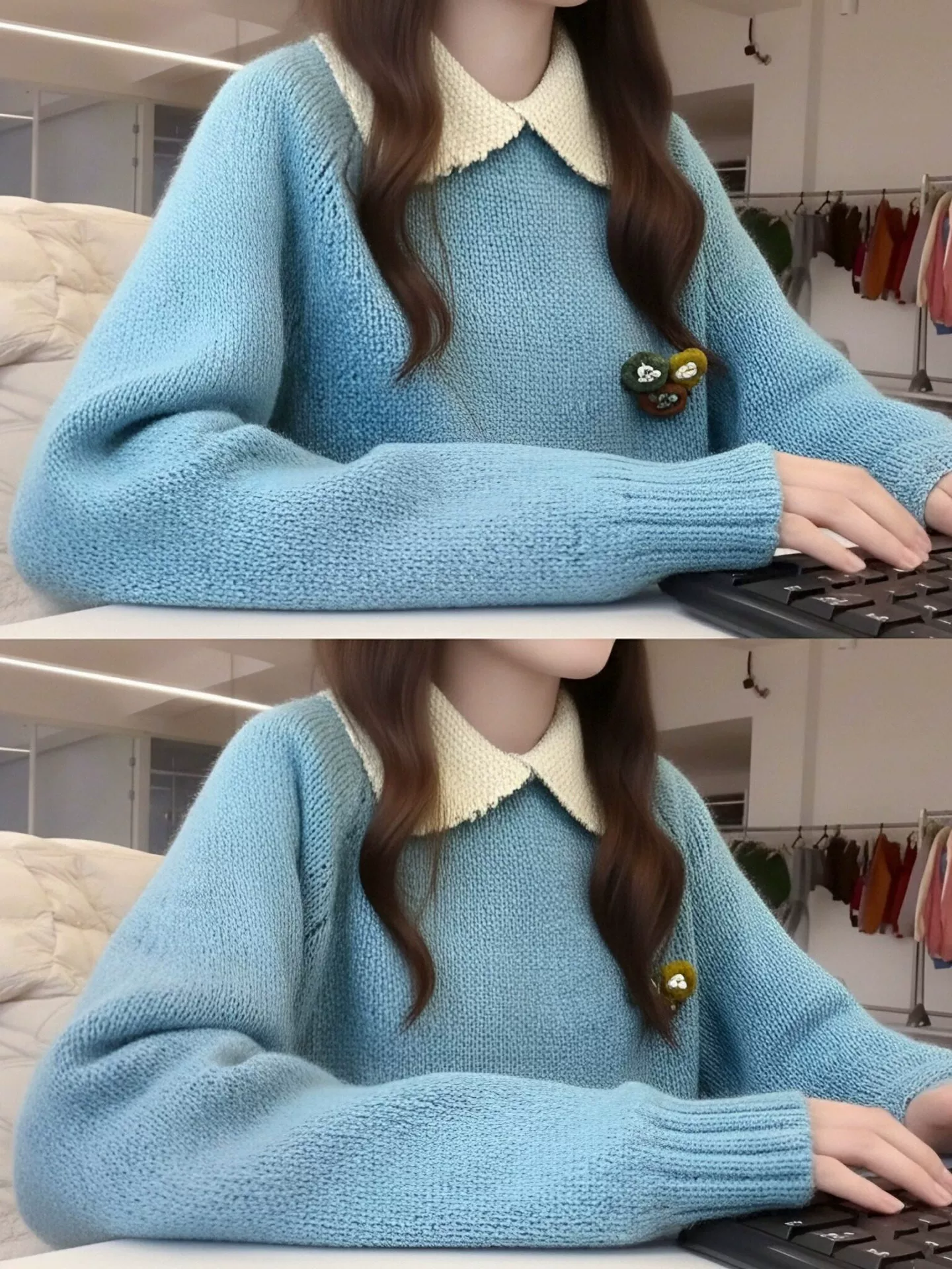 CuteGirl thiết kế áo len cổ búp bê phối màu xanh lam cho nữ áo len chui đầu dài tay mùa đông