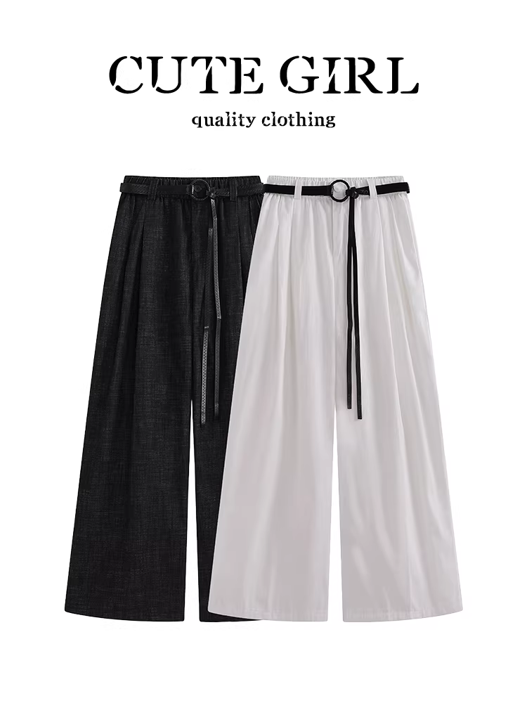 Quần ống rộng lưng thun màu trắng phong cách Hàn Quốc dành cho nữ, quần ống rộng lưng cao kiểu dáng lười biếng mùa thu, quần ống thẳng đa năng giảm béo