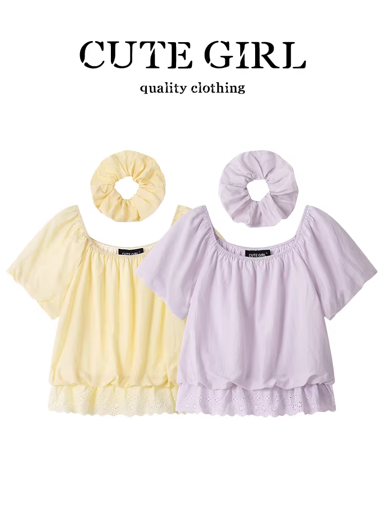 Áo sơ mi ngắn tay trễ vai viền ren cao cấp của CuteGirl dành cho nữ, áo babydoll cổ vuông mùa hè