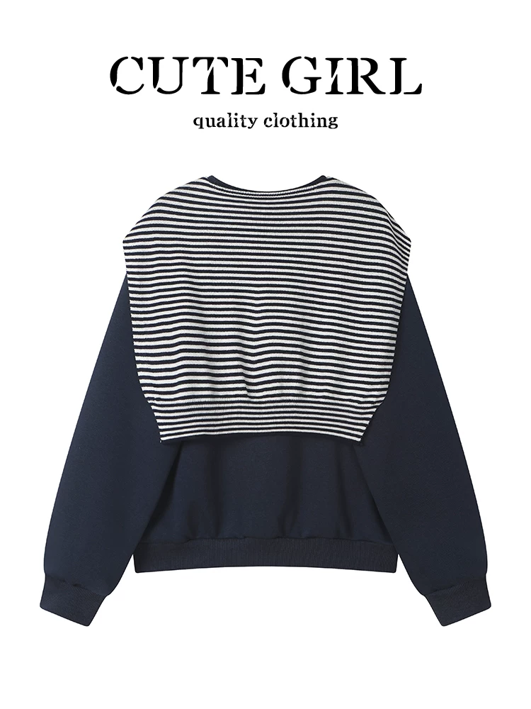 Áo len màu xanh phong cách preppy của CuteGirl có khăn choàng, cổ tròn, áo kiểu dáng rộng rãi, giản dị, đa năng, giảm tuổi tác cho nữ mùa thu đông