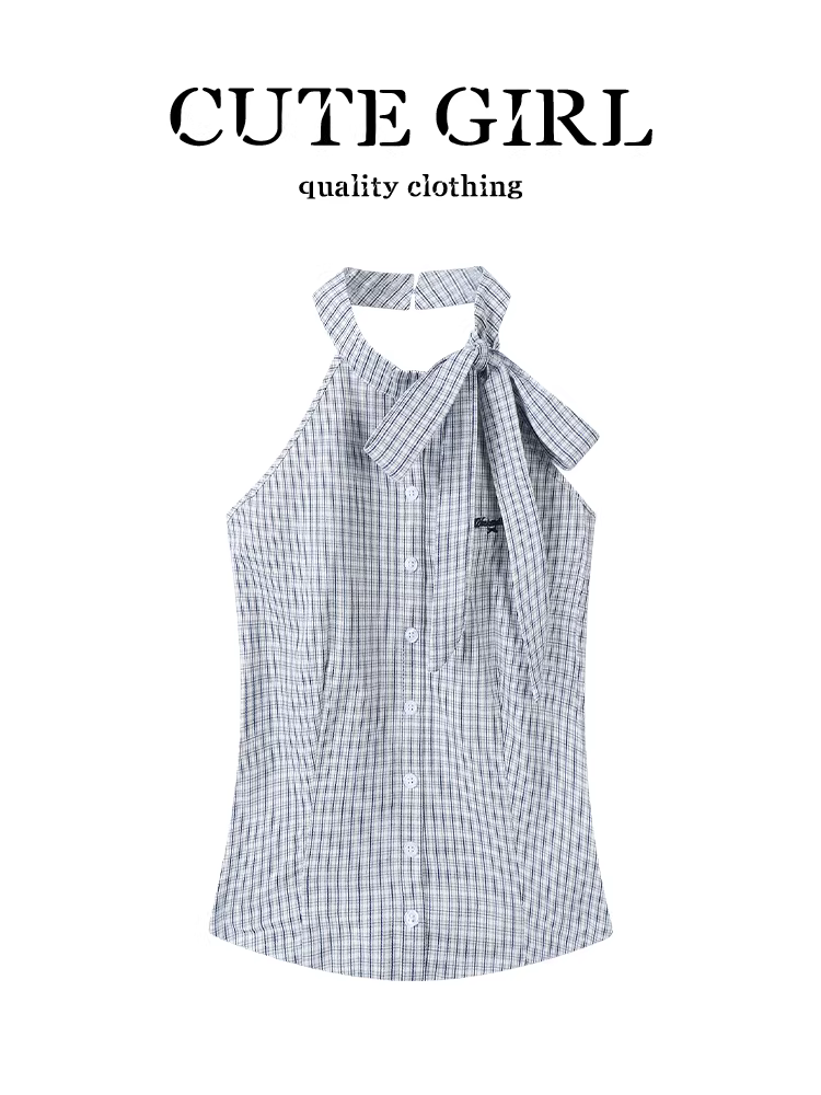 Áo sơ mi không tay kiểu Pháp có dây buộc cổ kiểu Pháp dành cho nữ, thiết kế mùa hè, dáng ôm, áo tôn dáng.