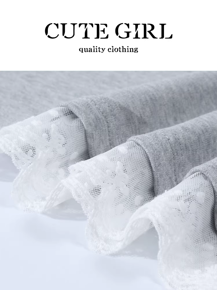 Áo thun ngắn tay màu xám phối ren phong cách Hàn Quốc dễ thương dành cho nữ, thiết kế mùa hè, áo thun dáng ôm