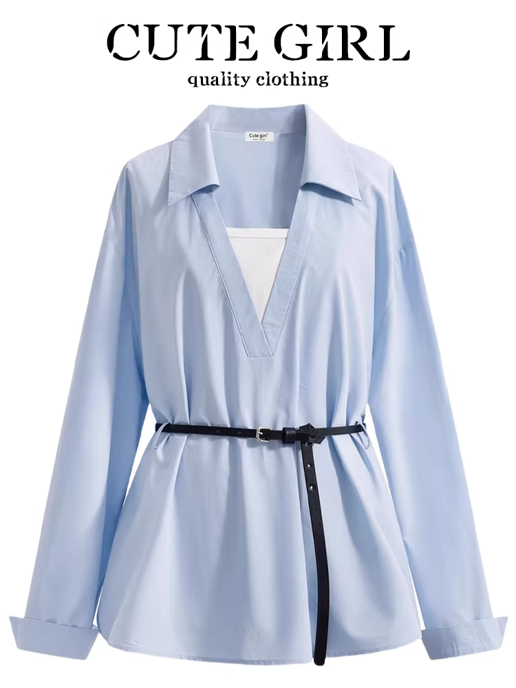 Áo sơ mi chắp vá cổ chữ V cao cấp phong cách Pháp của CuteGirl dành cho nữ, áo sơ mi giả hai mảnh dáng suông tôn dáng mùa xuân, kiểu dáng thời thượng