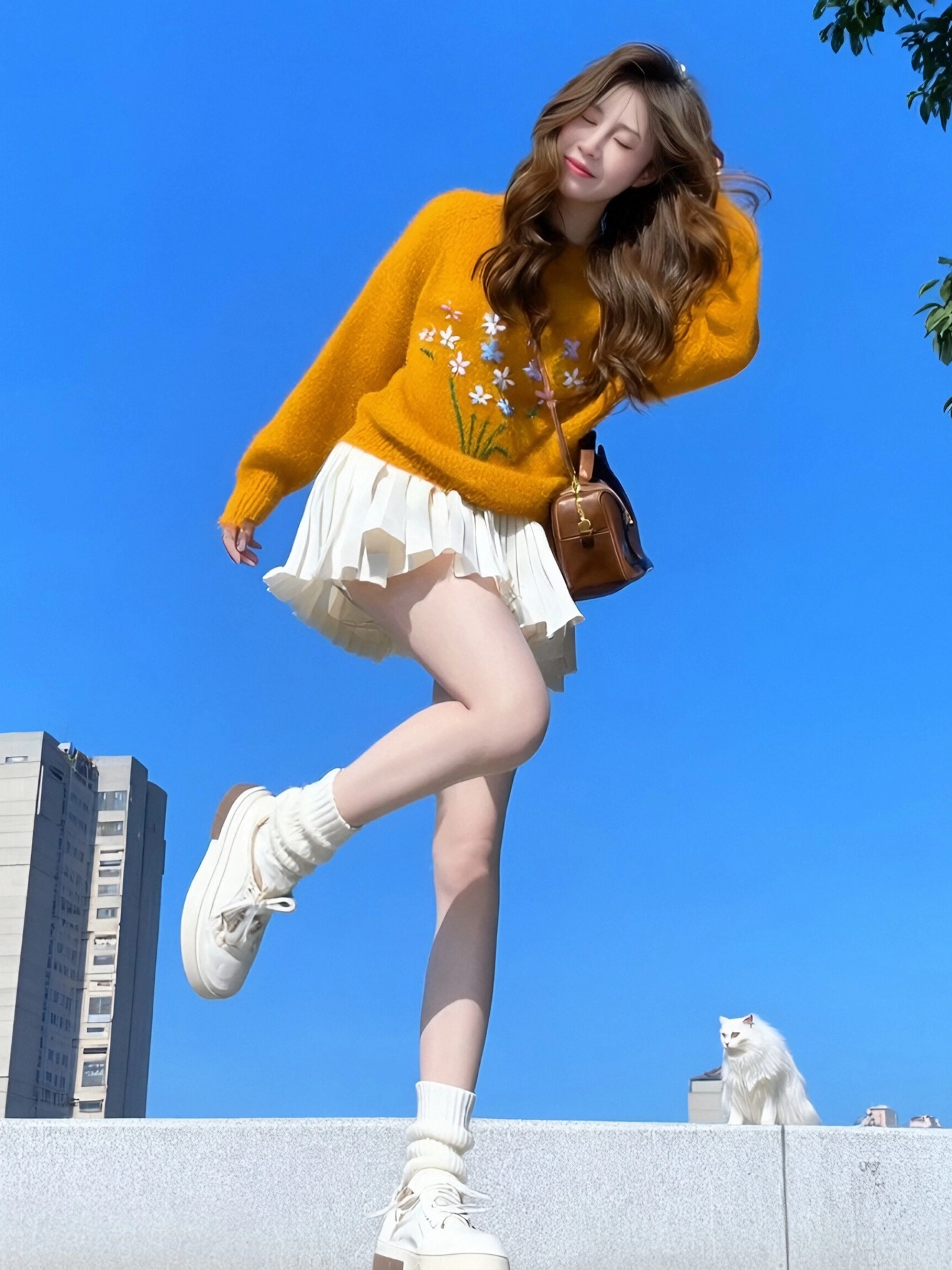 Áo len cổ tròn họa tiết hoa màu cam phong cách Hàn Quốc dành cho nữ, phong cách lười biếng mùa đông, áo mềm mại rộng rãi và đa năng