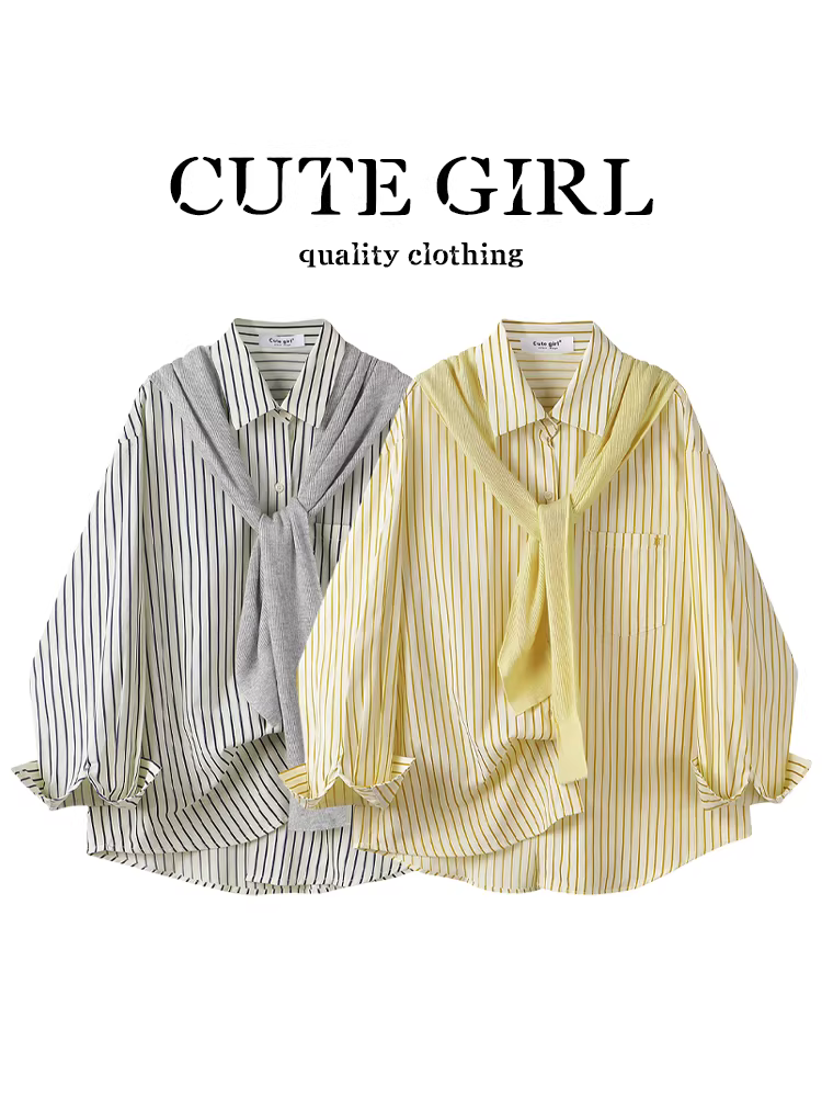 Áo khoác sọc màu vàng giảm tuổi theo phong cách Hàn Quốc dành cho nữ mùa xuân phong cách đại học áo sơ mi chống nắng hàng đầu
