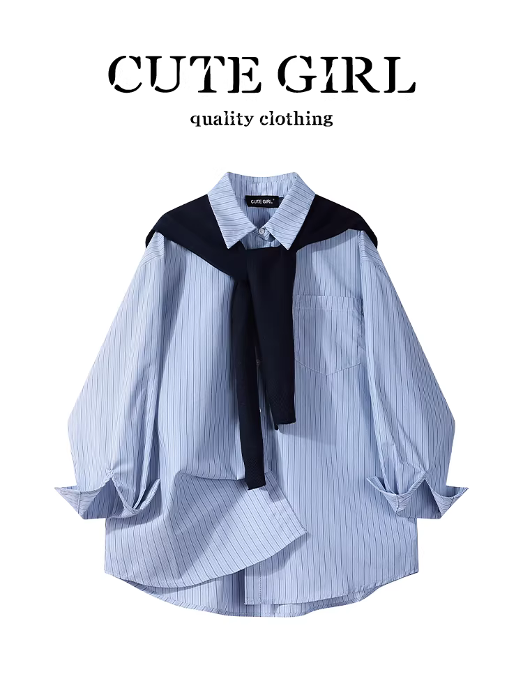 Áo sơ mi dài tay sọc xanh phong cách Hàn Quốc CuteGirl dành cho nữ, phong cách đại học mùa thu, áo sơ mi dáng rộng và đa năng, giảm tuổi tác.