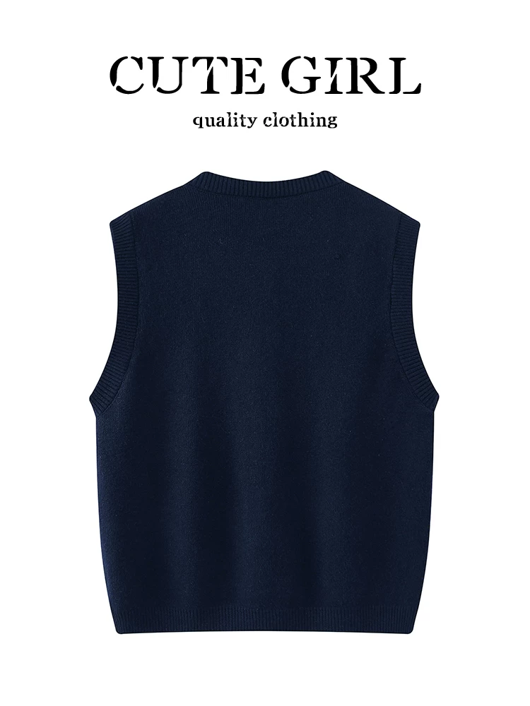 Áo vest dệt kim sọc xanh hải quân phong cách Pháp dễ thương dành cho nữ, thiết kế mùa thu, áo dáng rộng, giản dị và đa năng