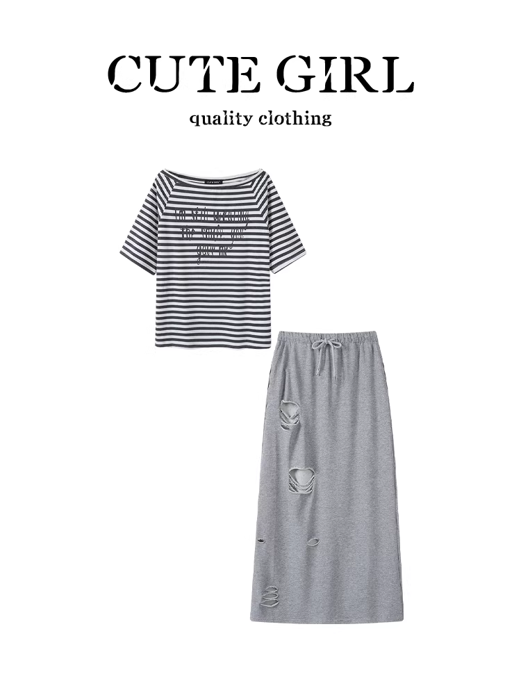 Bộ trang phục giảm tuổi tác CuteGirl dành cho nữ, áo thun ngắn tay sọc lệch vai mùa hè và váy xẻ hai mảnh