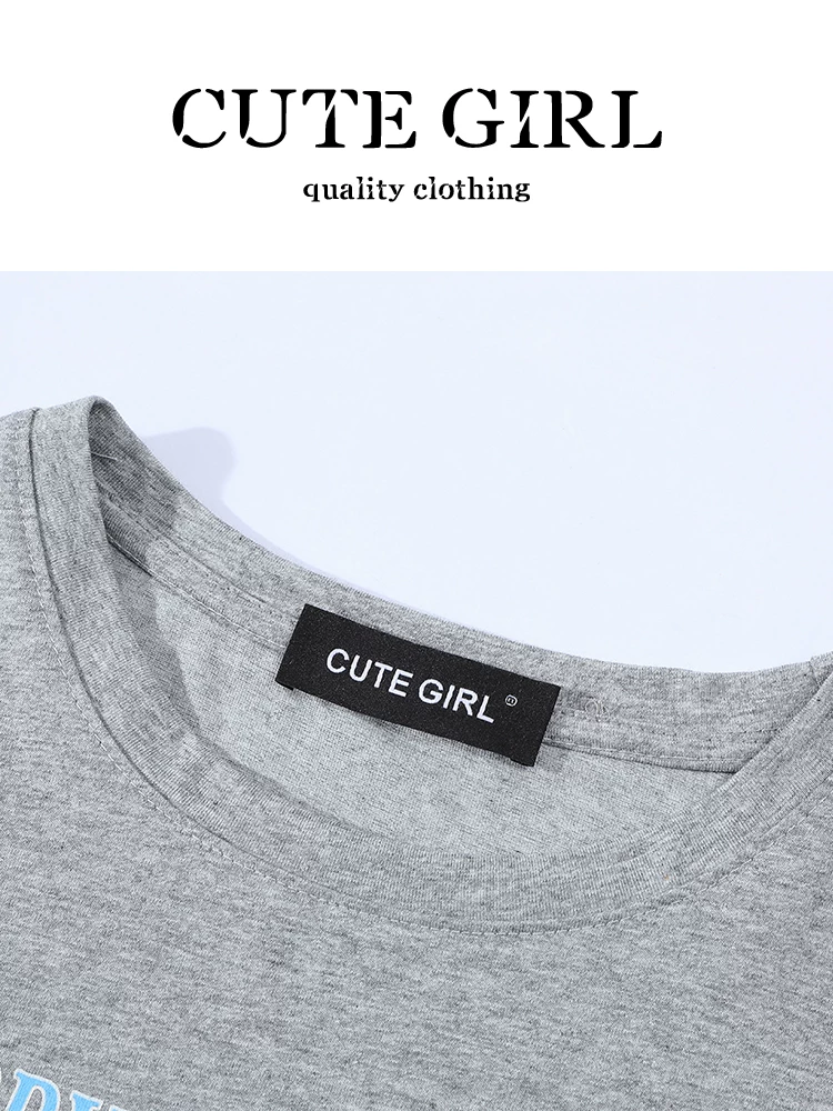 Áo thun ngắn tay cổ tròn màu xám in họa tiết cổ điển của CuteGirl dành cho nữ, thời trang mùa hè, giảm tuổi tác, áo thường ngày đa năng