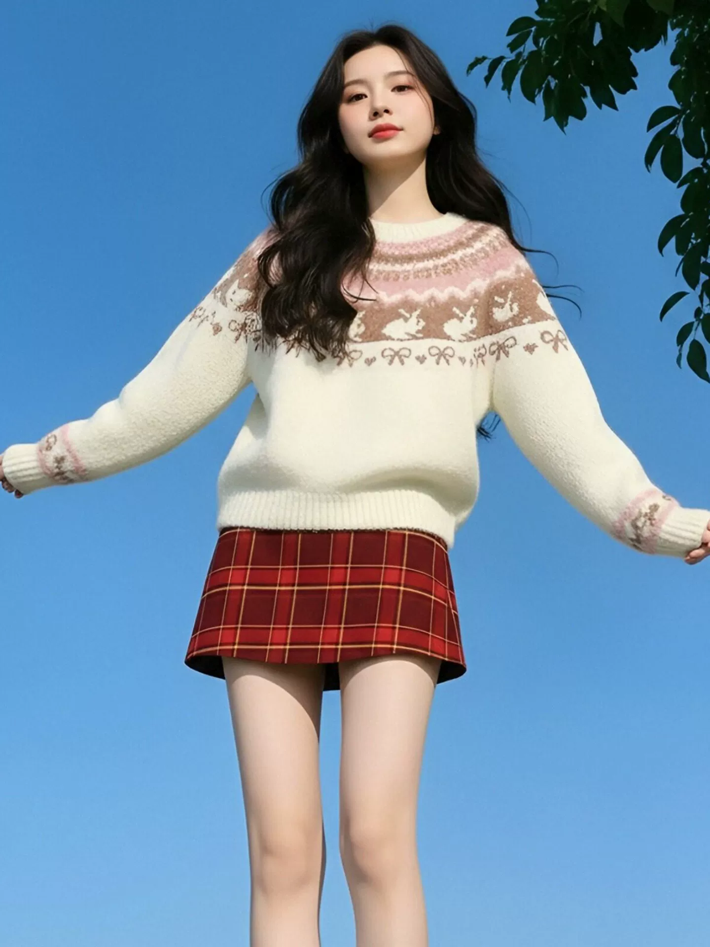 Áo len Fair Isle màu trắng lấy cảm hứng từ thiết kế CuteGirl với họa tiết thỏ jacquard dành cho nữ, áo dệt kim sành điệu và trẻ trung cho mùa đông.