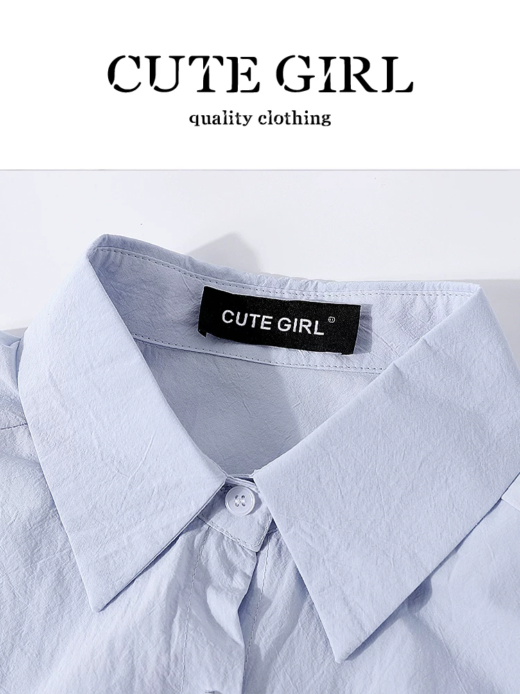 CuteGirl phong cách Hàn Quốc đơn giản thêu hình mèo áo sơ mi ngắn tay màu xanh dành cho nữ mùa hè phong cách preppy áo sơ mi ngắn giảm tuổi tác