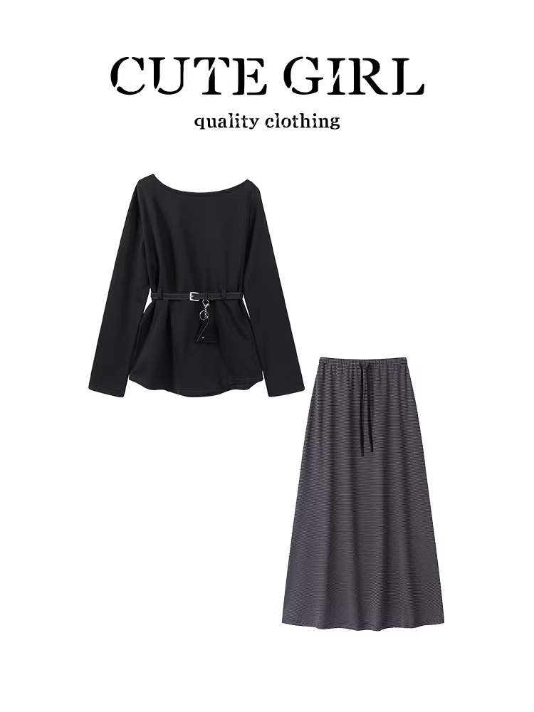 Bộ đồ hai mảnh mùa thu của CuteGirl thật tuyệt đẹp: một chiếc áo thun dài tay màu đen có thắt lưng và một bộ váy sọc.