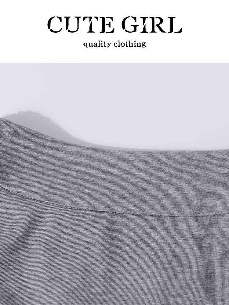 CuteGirl phong cách Hàn Quốc bộ đồ nhỏ xinh dành cho nữ mùa hè khăn choàng áo thun ngắn tay váy lưng cao màu xám bộ hai món