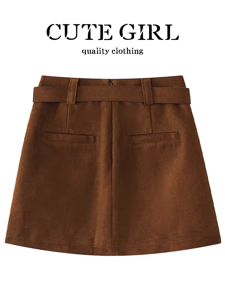 Váy chữ A màu hạt dẻ kiểu chuồng trại dễ thương có thắt lưng dành cho nữ, váy ngắn đa năng eo cao thanh lịch mùa thu