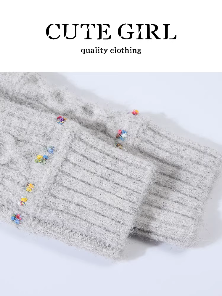 Áo len cổ tròn jacquard phối màu xám phong cách Hàn Quốc dành cho nữ, thiết kế mùa đông, dáng rộng, áo đa năng và độc đáo.