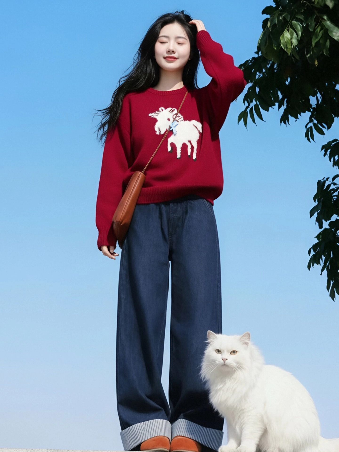 CuteGirl Áo len dài tay cổ tròn màu đỏ phong cách Hàn Quốc mang không khí Giáng sinh cho nữ mùa đông áo dệt kim jacquard ngựa