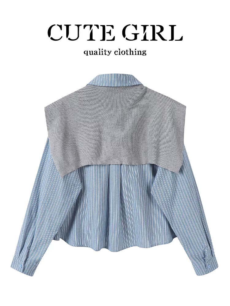 Áo sơ mi cổ polo sọc phong cách Hàn Quốc có khăn choàng cho nữ, thiết kế mùa thu, áo sơ mi dáng rộng đa năng