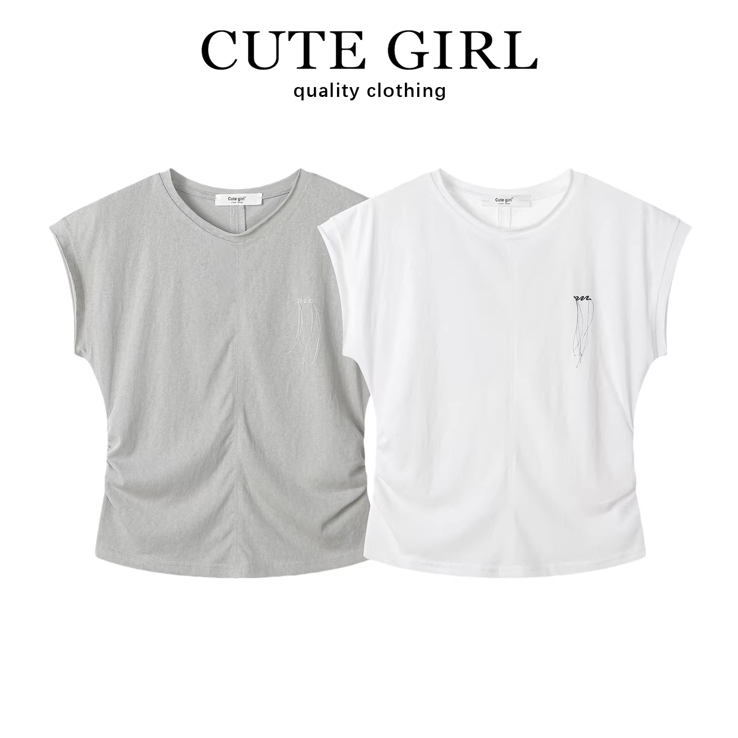 Áo thun ngắn tay cổ tròn màu trắng thêu thiết kế CuteGirl dành cho nữ, phong cách mùa hè mới, áo trễ vai giản dị và đa năng