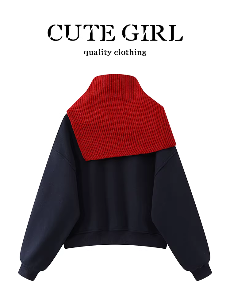 Áo len in chữ phong cách Hàn Quốc có khăn quàng cổ dành cho nữ, thiết kế thu đông, áo dáng rộng, giản dị và đa năng