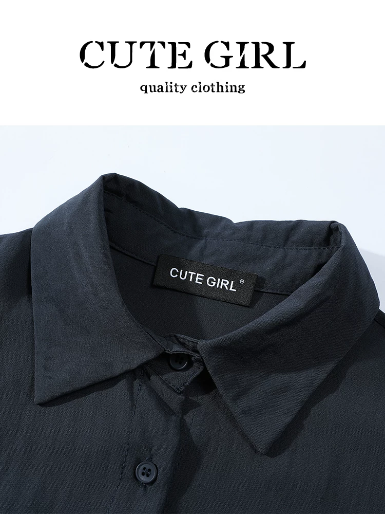 Áo sơ mi cổ polo màu xanh hải quân lấy cảm hứng từ thiết kế CuteGirl có khăn choàng dành cho nữ, áo sơ mi độc đáo, dáng rộng, đa năng, giản dị mùa thu