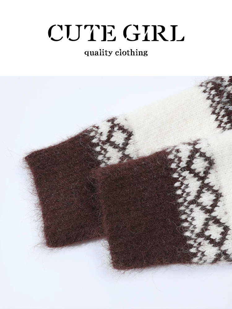 Áo len cổ Fair Isle cổ điển phong cách Hàn Quốc dành cho nữ, thiết kế mùa đông, dáng rộng và đa năng, đồ dệt kim độc đáo