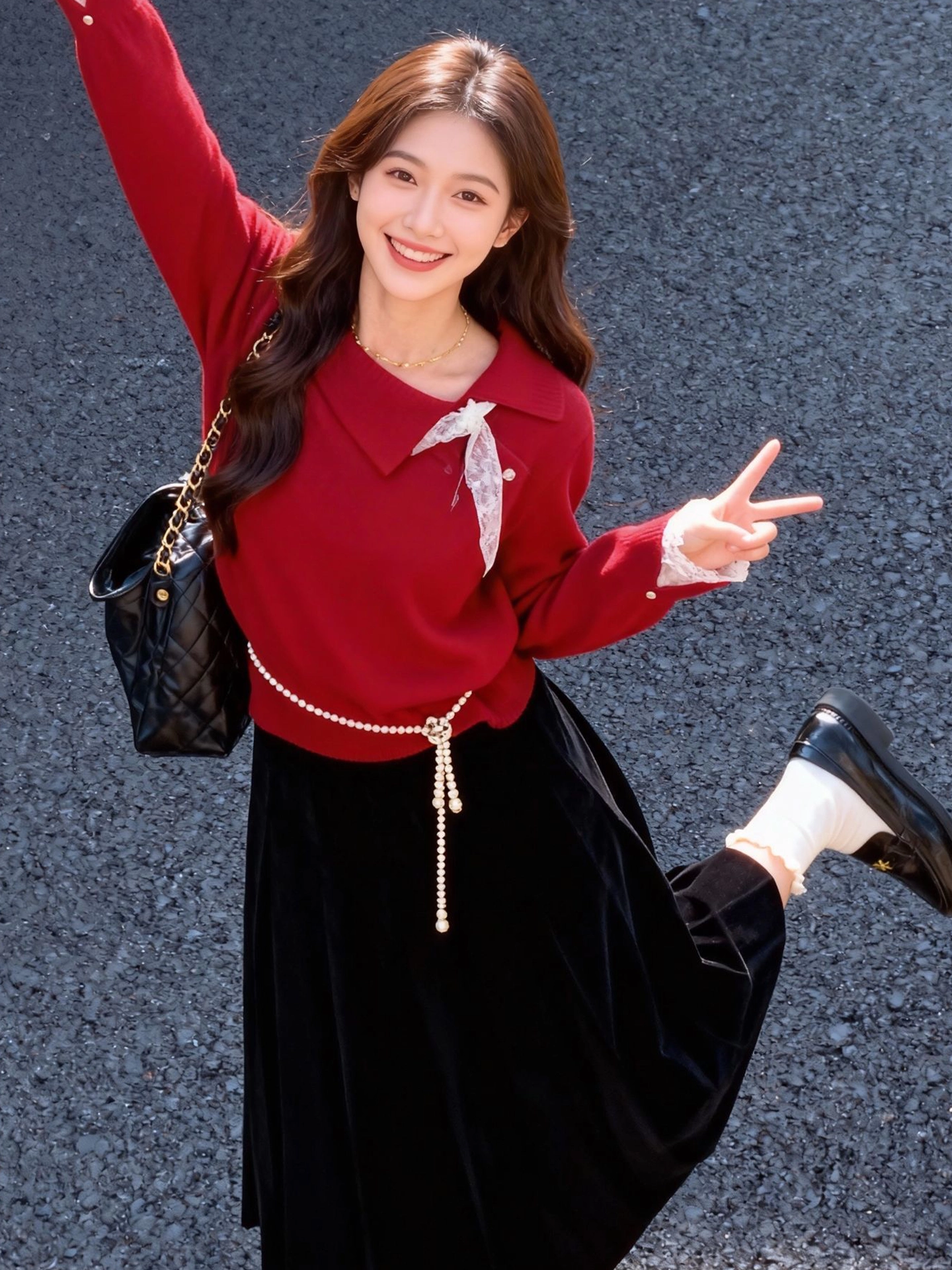 CuteGirl Áo len chui đầu cổ polo màu đỏ sang trọng phong cách Hàn Quốc dành cho nữ mùa đông Giáng sinh Trang phục năm mới áo dệt kim