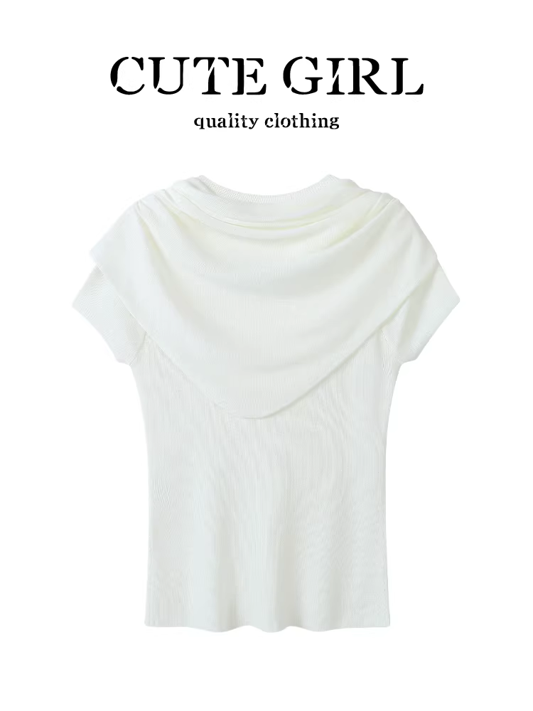 Áo dệt kim ngắn tay màu trắng phong cách Pháp có khăn choàng dành cho nữ vào đầu mùa thu, được thiết kế ôm dáng và tôn dáng.