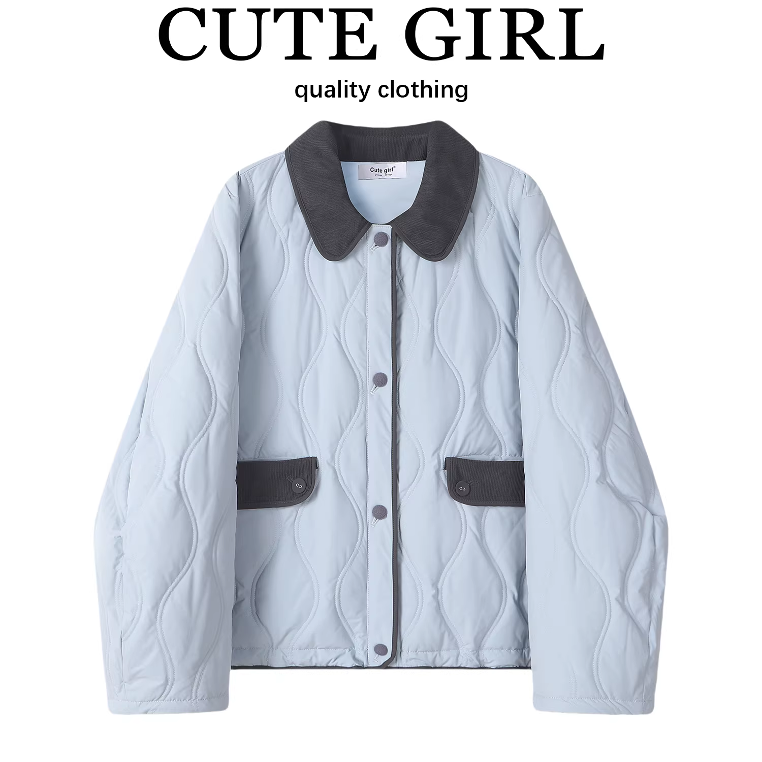 Áo khoác ngắn nhẹ có cổ màu xanh lam của CuteGirl dành cho nữ, cỡ nhỏ mùa đông, áo khoác cao cấp và siêu phong cách.