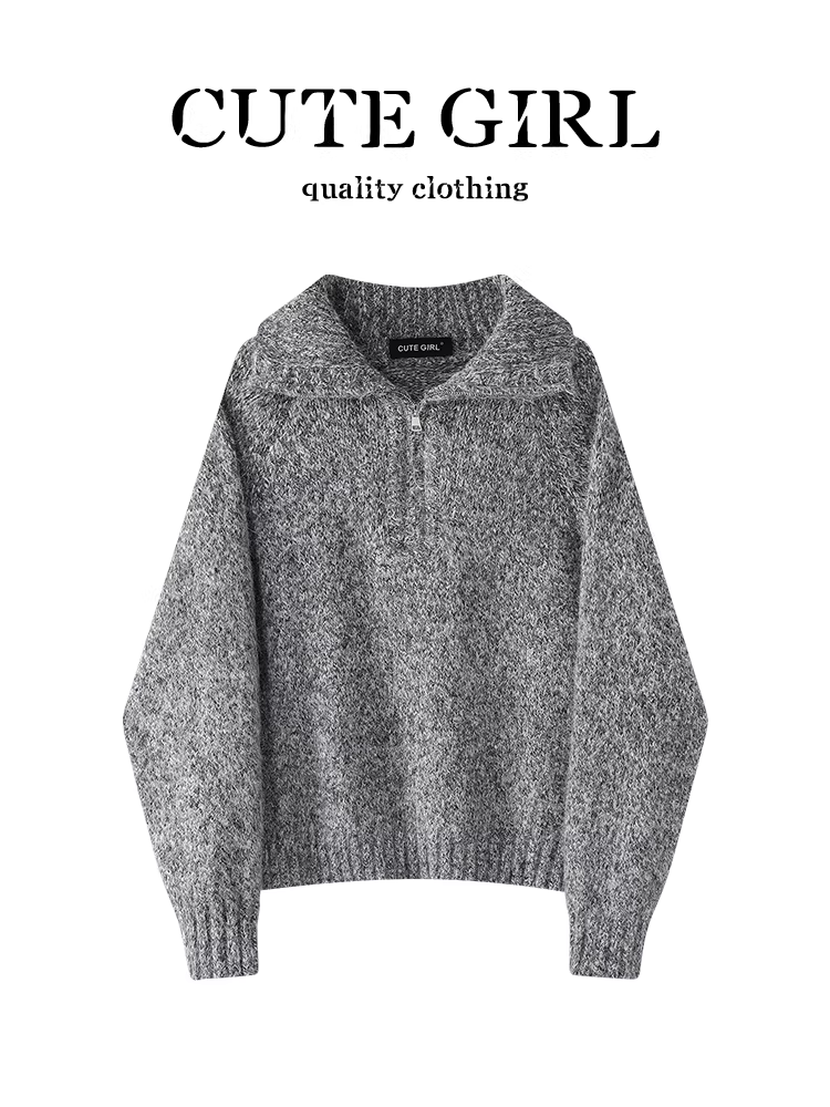 Áo len cổ lọ nửa khóa kéo màu xám phong cách Hàn Quốc dành cho nữ, mùa thu đông, cao cấp, dáng rộng, giản dị, đa năng