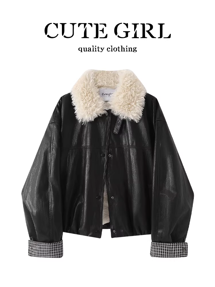 Áo khoác da cổ lông màu đen cổ điển của CuteGirl dành cho nữ, áo khoác dáng rộng và đa năng thanh lịch mùa thu đông