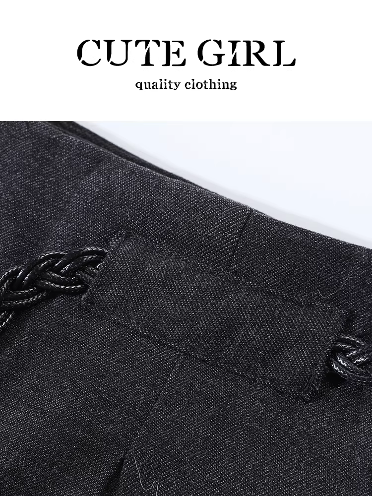 Quần ống đứng màu xám đậm phong cách retro CuteGirl dành cho nữ, mùa thu đông, nhỏ nhắn, lưng cao, giảm béo, quần ống rộng đa năng