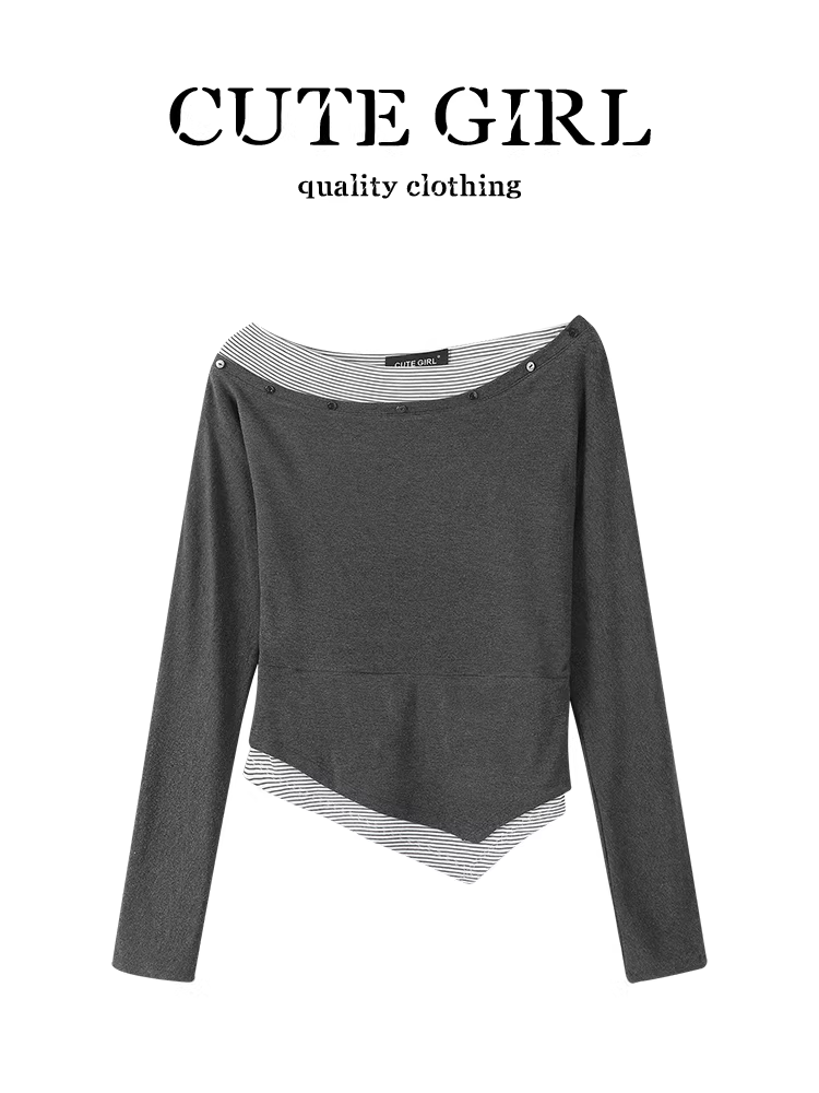 Áo thun dài tay dệt kim giả hai mảnh phong cách Hàn Quốc CuteGirl dành cho nữ, áo thun dáng ôm cổ điển cao cấp mùa thu