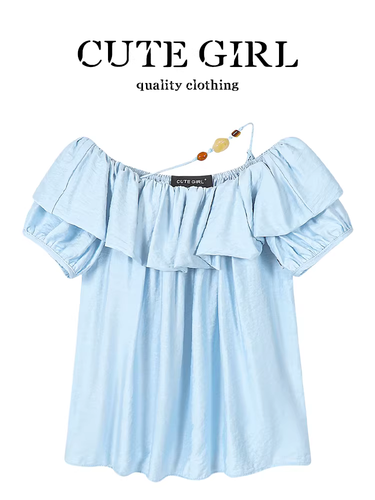 CuteGirl phong cách ngọt ngào và cay cay cổ áo xếp nếp đính cườm áo sơ mi trễ vai mùa hè dành cho nữ áo sơ mi ngắn tay tay phồng khí quyển
